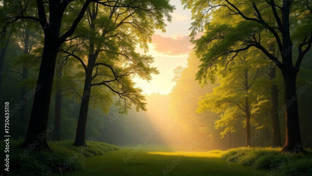 Fototapeta premium Sunbeams through forest canopy illuminating green meadow
