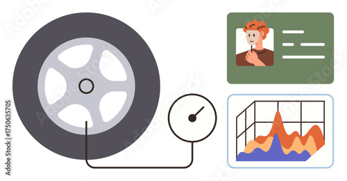 Car tire with gauge measuring pressure, ID card illustration, and data analysis chart. Ideal for transportation, mechanics, identification, metrics, analytics efficiency and safety themes. Simple