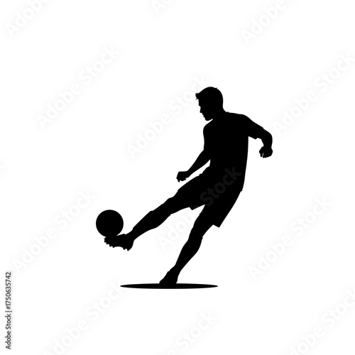 Dynamic silhouette of soccer player kicking ball with power and precision, perfect for sports marketing or fitness campaigns, embodies action and athleticism