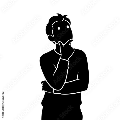Pensive man with hand on chin looking up, pondering creative solutions, ideal for illustrating problem-solving and strategic thinking in business projects