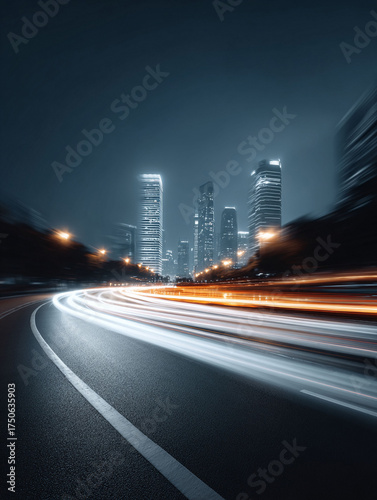 Futuristic cityscape at night. Long exposure captures motion with blurred car lights.  Dynamic, modern, speed, perfect for business or tech concepts.