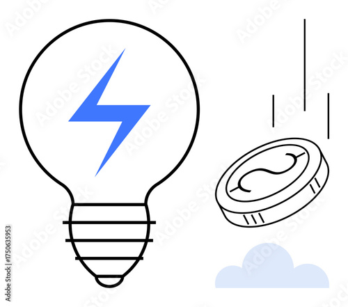Lightbulb with lightning bolt, falling coin, and cloud symbolizing ideas, energy, financial growth, sustainability, technology, investments and creativity. Ideal for innovation renewable energy