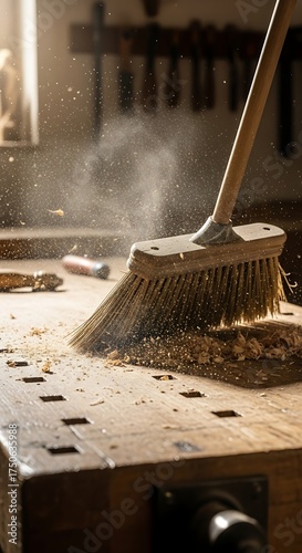 Sweeping Wood Shavings on a Workbench in a Workshop.