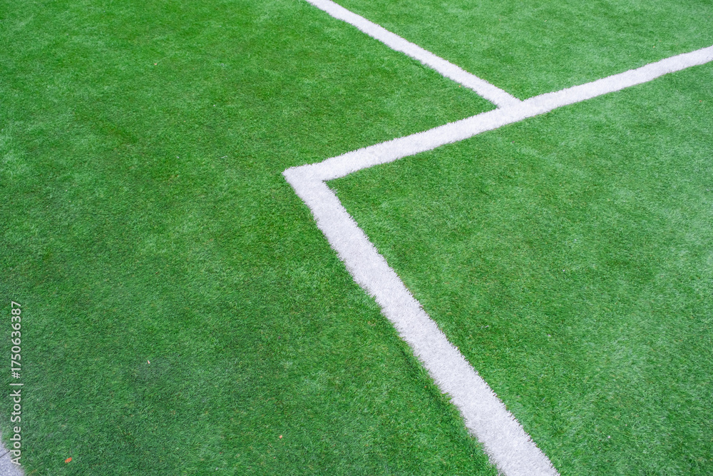 Obraz premium green artificial grass turf with white line for sports field background texture