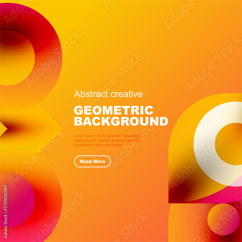 Bright abstract geometric background. Orange, purple, yellow hues create dynamic composition. Text invites further exploration.