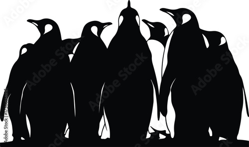 Vector silhouette group of emperor penguins standing together illustration