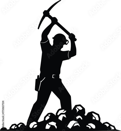 Vector silhouette miner with pickaxe working on coal illustration