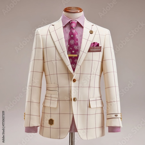 A cream suit with maroon windowpane checks, styled with a pink shirt, patterned tie, and matching pocket square on display.