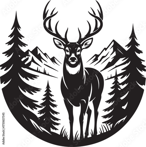 Majestic stag stands in forest with mountain backdrop