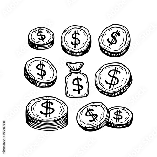 Hand drawn money dollar coins and bag illustration representing financial growth investment