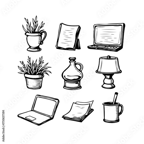 Hand drawn office desk with laptop plants paper lamp and other supplies in detailed monochrome