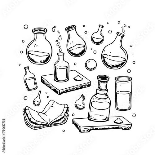 Hand drawn sketch of chemistry glassware in laboratory with essential elements for research