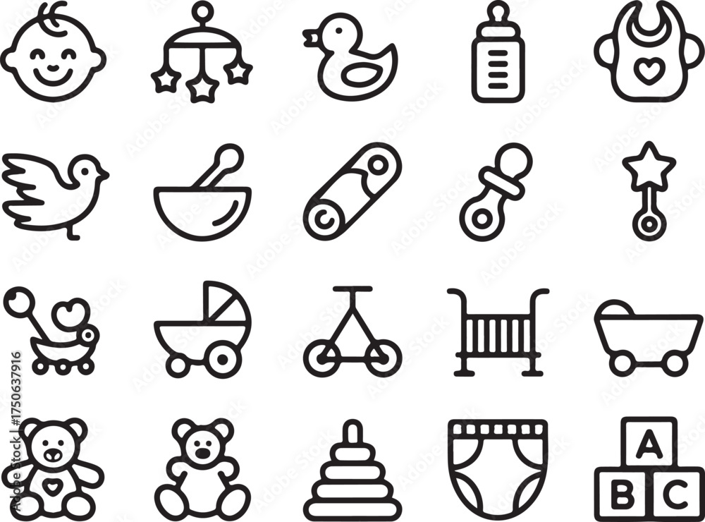 Fototapeta premium Cute baby icons for nursery decor and kids' products