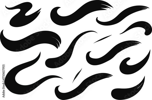 Collection of diverse black ink brush strokes and calligraphic swirls on a white background