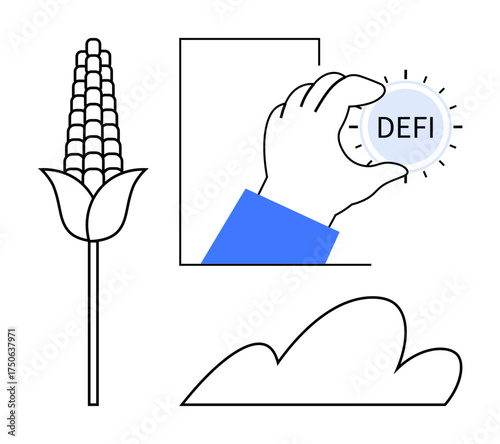 Hand grasping DEFI coin, corn stalk representing agritech, cloud, abstract frame. Ideal for blockchain, agriculture, finance, sustainability agritech innovation technology themes. Simple flat
