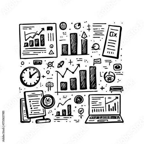 Hand-drawn business charts illustration displays visual representations of financial data for