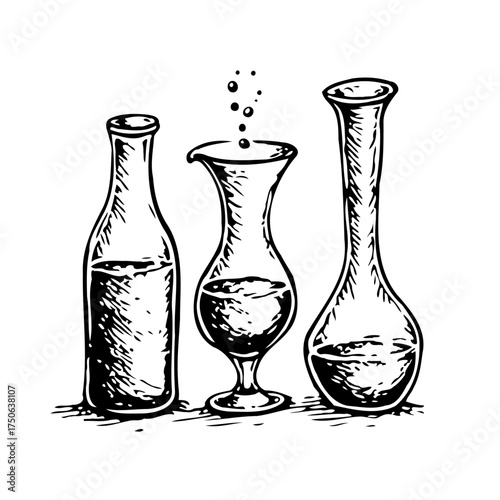 Hand-drawn illustration of various laboratory glassware and flasks with chemical liquid