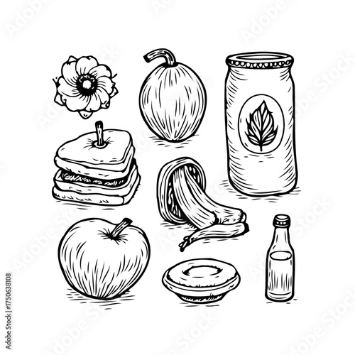 Hand-drawn illustration of diverse food and beverage items providing visual charm for culinary