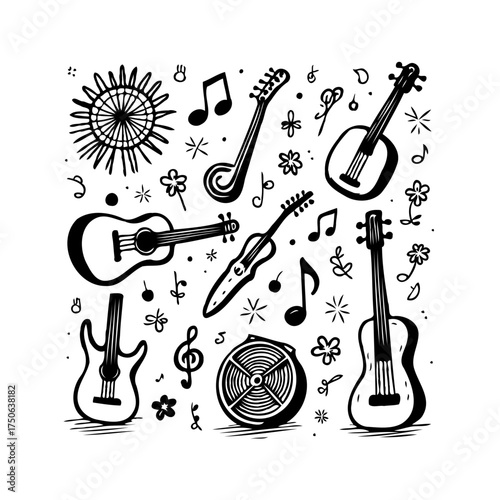 Hand-drawn music instruments and decorative elements, a playful musical ensemble illustration with