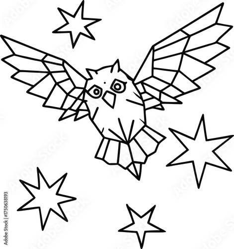 Owl Flying Across Shattered Stars Line Art Illustration on Transparent Background