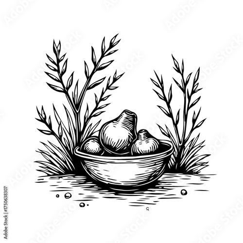 Hand-drawn vintage pears and apples in a bowl amid tall grass elegant botanical scene