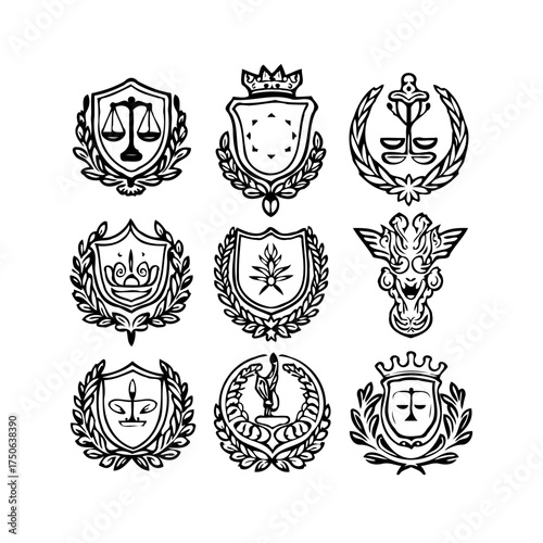 Heraldic emblems diverse collection representing justice authority honor and tradition elegantly