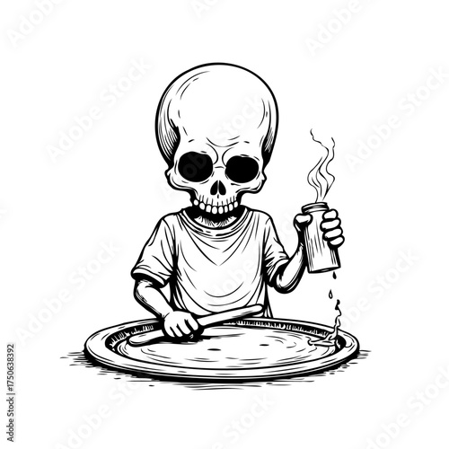 Humorous monochrome skeleton culinary preparation with dripping jar at the table for meal
