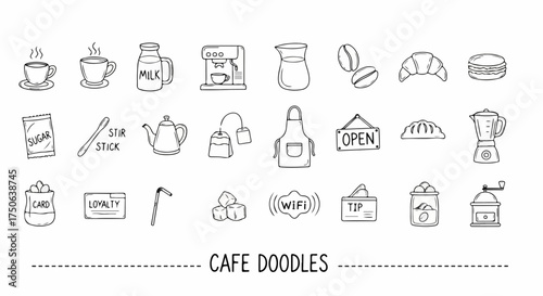 Monochrome Hand-Drawn Cafe Doodles: A Collection of Coffee, Tea, and Bakery Essentials with Service Icons for Modern Eateries and Drink Shops.