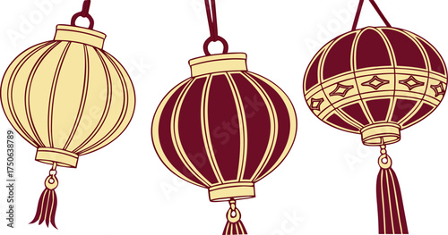 Traditional Chinese New Year design featuring glowing lanterns, cherry blossoms, and gold geometric borders forming a seamless festive background.