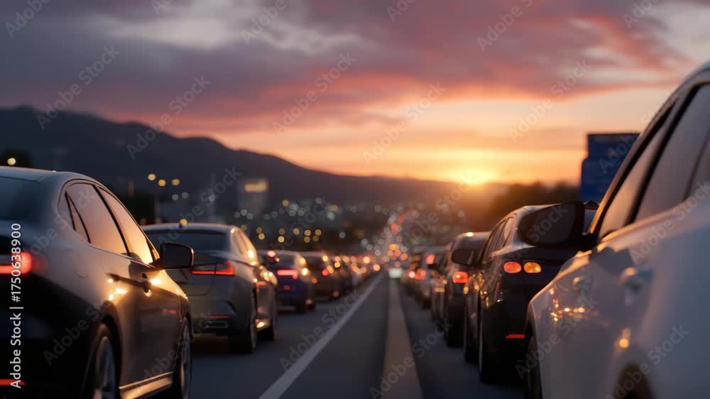 A long line of vehicles stuck in traffic on a busy highway after a road accident, with emergency lights visible in the distance, symbolizing urban congestion, transportation challenges, and the