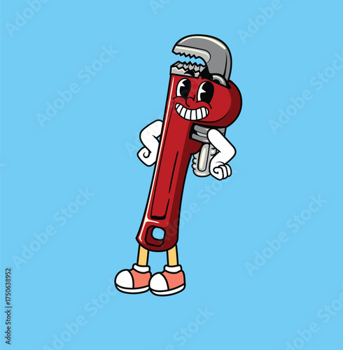 Funny wrench pipe illustration with retro mascot style
