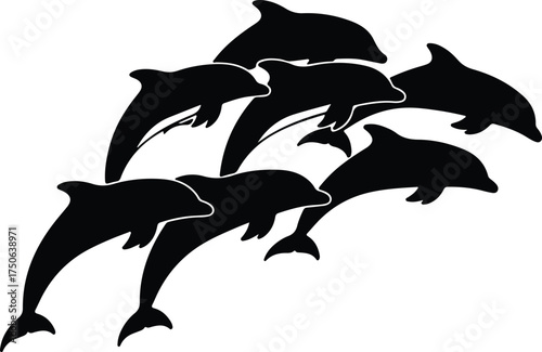 Vector silhouette pod of dolphins jumping together illustration