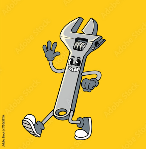 cute wrench retro mascot illustration 