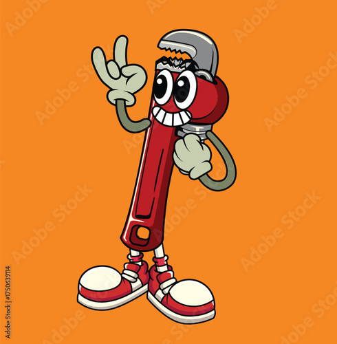 Funny wrench pipe illustration with retro mascot style