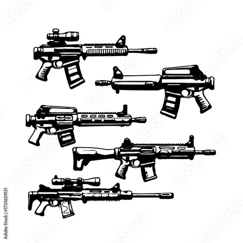 Illustrative array showcasing different types of firearms weapons arms rifles assault military