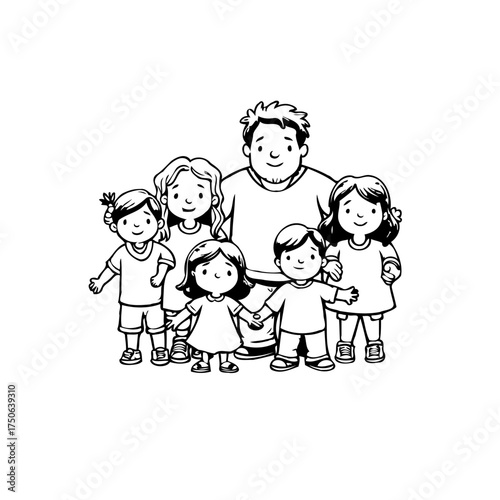Illustrative depiction of a father surrounded by happy children capturing family moments and