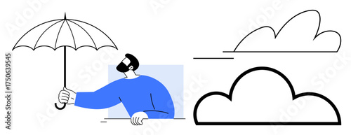 Man gripping open umbrella with minimalist cloud designs representing weather, precaution, safety, and resilience. Ideal for weather apps, insurance, security, planning, caution adaptable solutions
