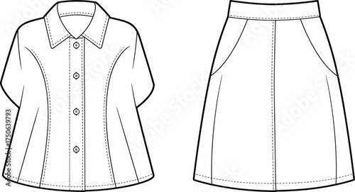 Short sleeve button up shirt and A-line skirt CAD drawing, fashion flat sketch, technical apparel illustration, clothing design template, vector outline