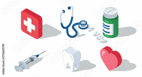 Isometric Medical and Healthcare Icons Set: First Aid, Stethoscope, Pills, Syringe, Tooth, Heart on White Background