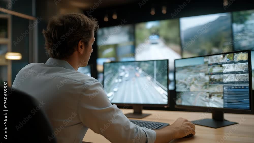 A traffic control center monitoring live feeds of a road accident and deploying assistance, representing technology, communication, data-driven management, and the modern approach to smart city