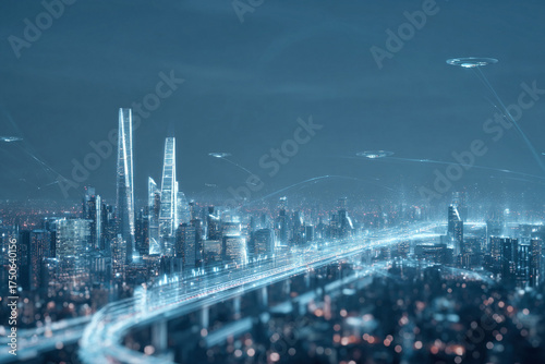 Futuristic cityscape at night, illuminated with glowing lights and flying drones. Represents technological advancement, connectivity, and urban development concepts.