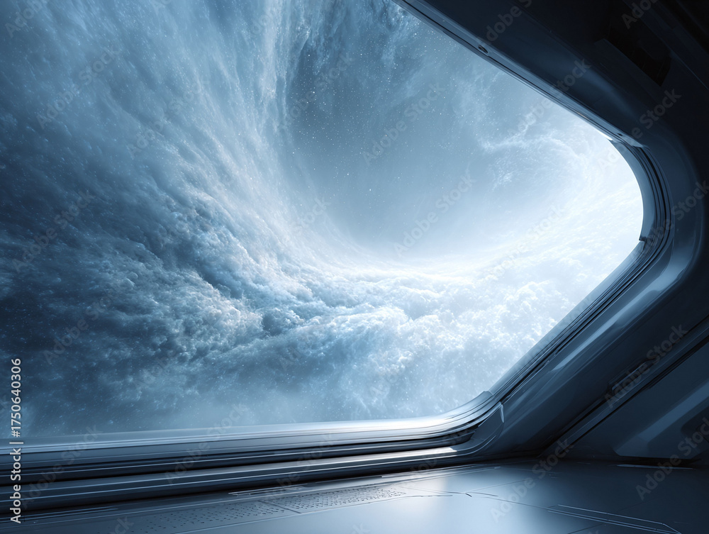 Obraz premium Futuristic view of a swirling nebula seen from a spacecraft window. Evokes concepts of exploration, discovery, and the vastness of space. Ideal for scifi projects.