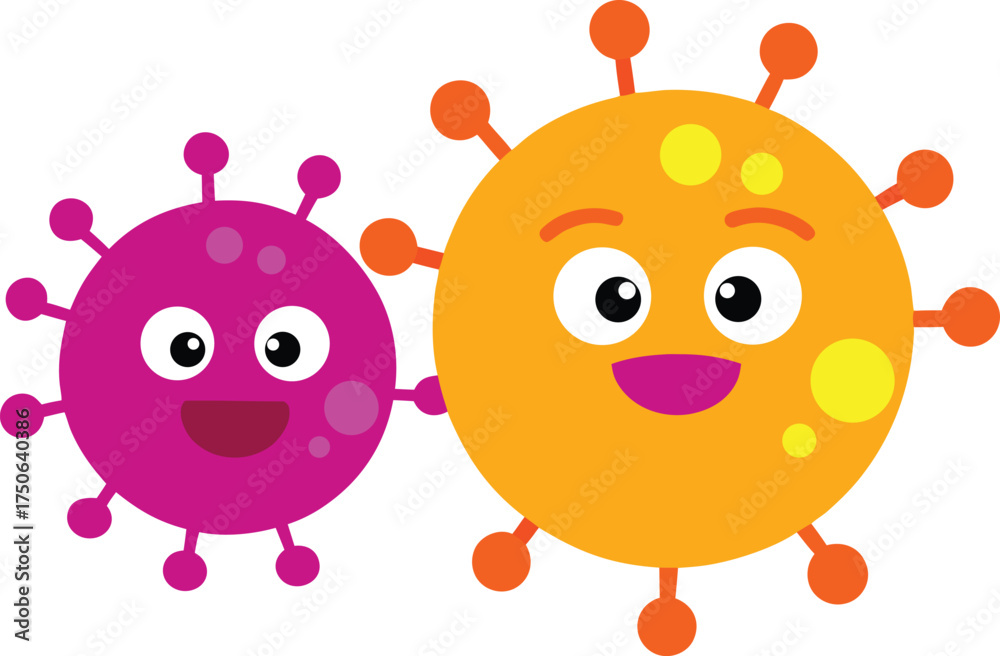 Fototapeta premium Two happy cartoon viruses with smiling faces and spiky protrusions representing infectious agents