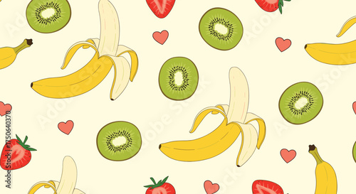 A cheerful pattern featuring juicy bananas, vibrant kiwis, and sweet strawberries with small pink hearts scattered across a pale yellow background.