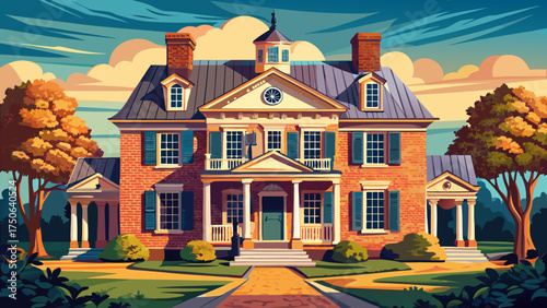 Very beautiful historic house on Main Street, Yorktown, Virginia, built in 1699, vector-style vintage architecture with charming colonial design.