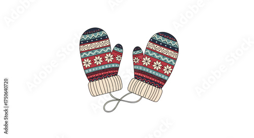A cozy pair of knitted mittens with a traditional fair isle pattern for cold weather protection.