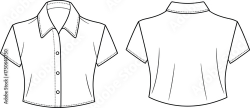 Short sleeve cropped shirt CAD drawing, button up fashion flat sketch, technical apparel illustration, front and back view, pointed collar, clothing design template