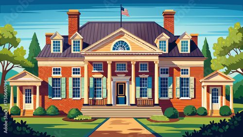 Very beautiful historic house on Main Street, Yorktown, Virginia, built in 1699, vector-style vintage architecture with charming colonial design.