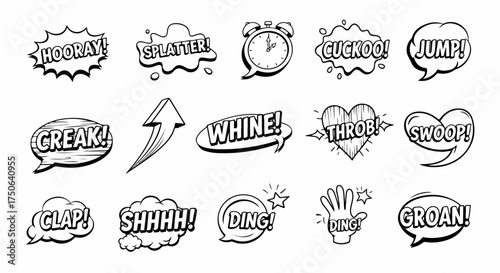 Black and White Comic Book Sound Effects and Speech Bubbles Set: Hooray, Splatter, Jump, Creak, Whine, Throb, Swoop, Clap, Shhh, Ding, Groan, Cuckoo Alarm Clock, and Arrow Icons.