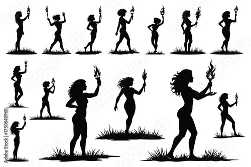 Silhouettes of women holding torches in various poses